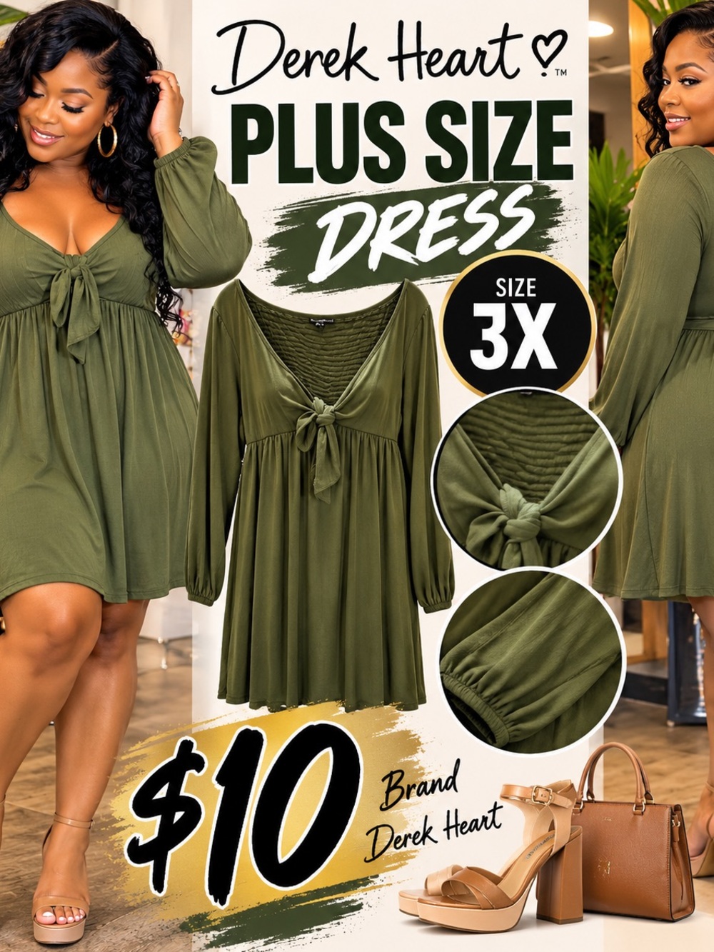 Derek Heart Olive Green Tie-Front Plus Size Mini Dress